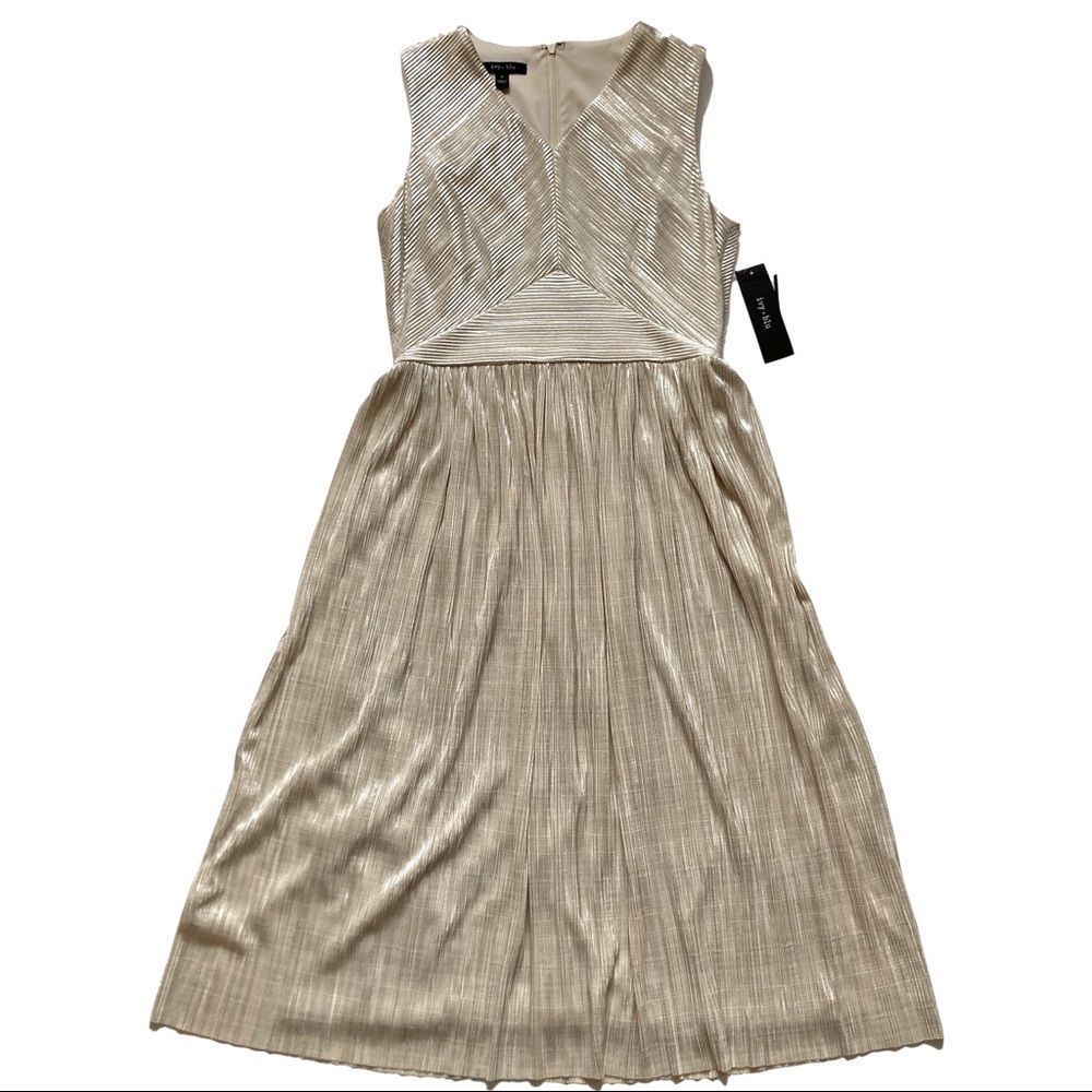 Pleated Metallic Gold Midi Dress - Sleeveless V-Neck